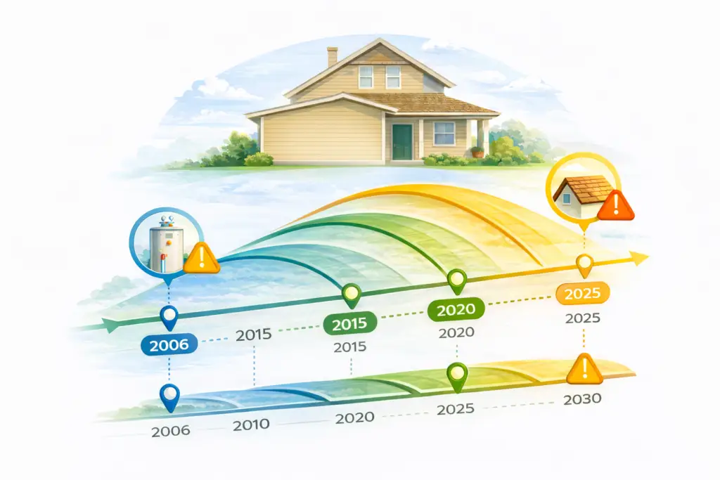repair_cluster_risk Infographic showing cluster risk in home repairs with timeline of roof, HVAC, and water heater lifespans starting from a 2006 home build.