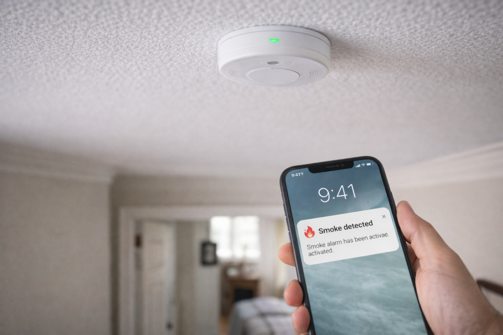 smart_smoke_detector Smart smoke detector sending alert to smartphone app.