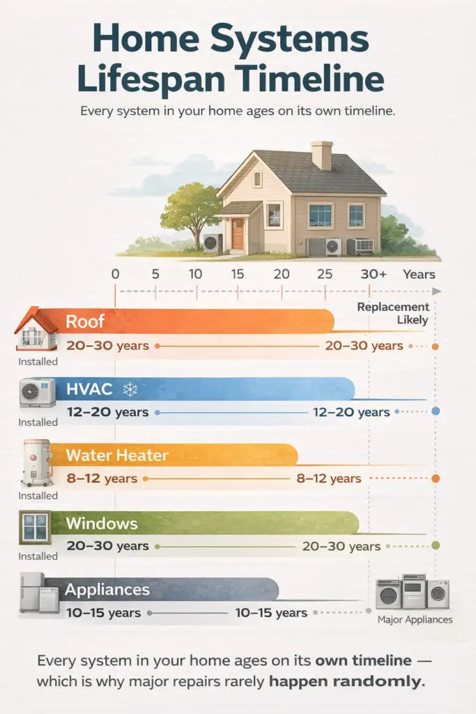 system_timelines Infographic showing typical lifespan timeline of home systems including roof, HVAC, water heater, windows, and appliances.