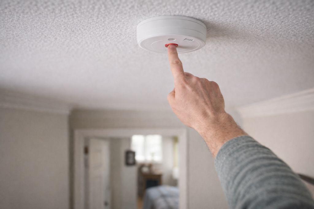 testing_smoke_detector Testing smoke detector using test button on ceiling.