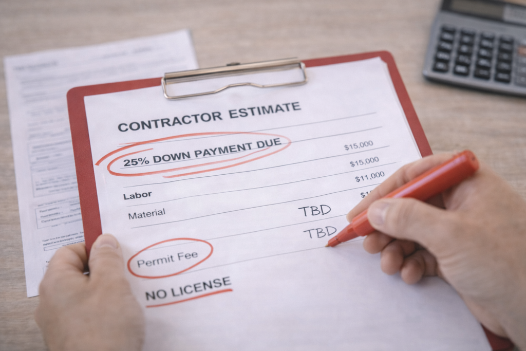 contractor_quote_red_markup Reviewing contractor estimate with red pen highlighting red flags like vague costs and large upfront payment