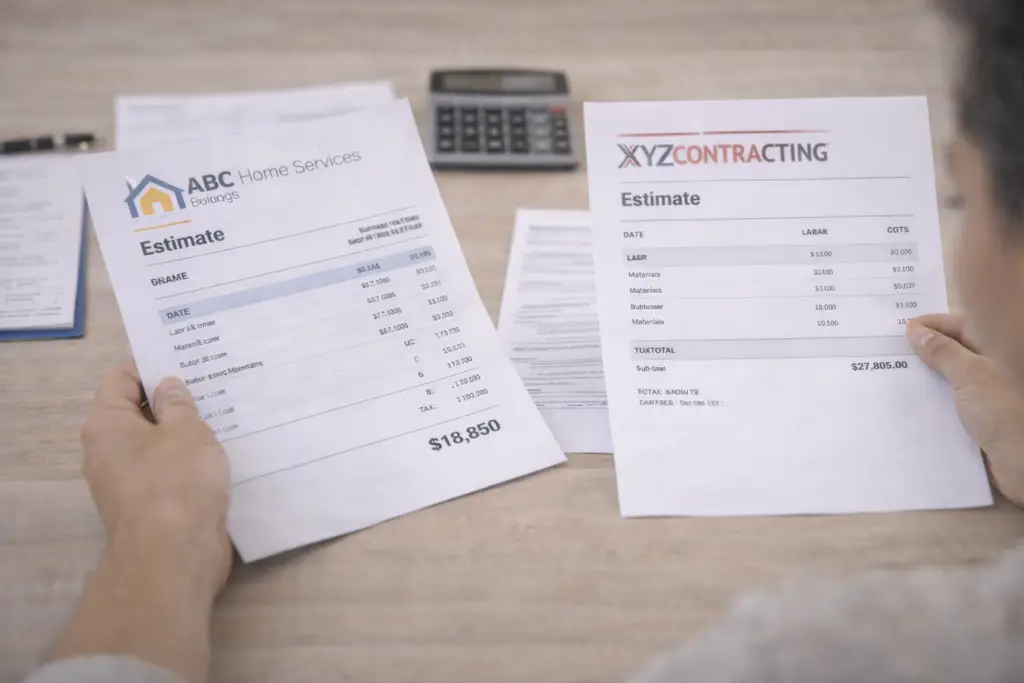 contractor_quotes Hands comparing contractor estimates with calculator on table to evaluate which quote is too high.