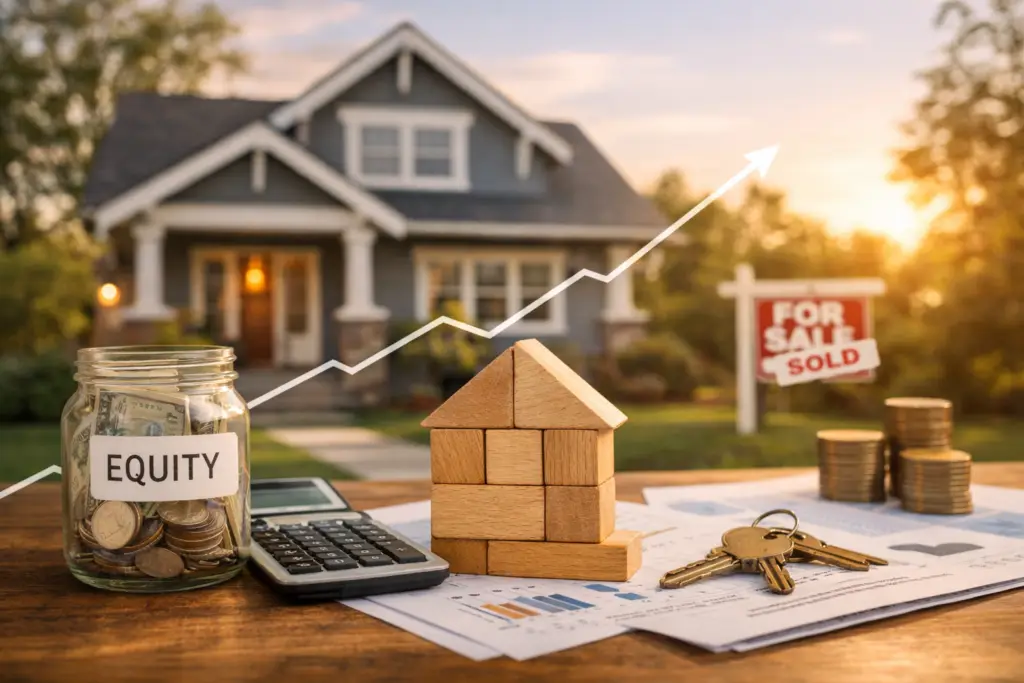 Home equity concept showing house, savings jar, calculator, and rising value graph in front of a suburban home.