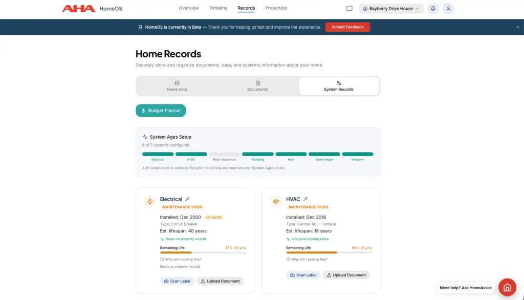 AHA HomeOS Systems hub screenshot helps track system ages and important maintenance and repair intervals.