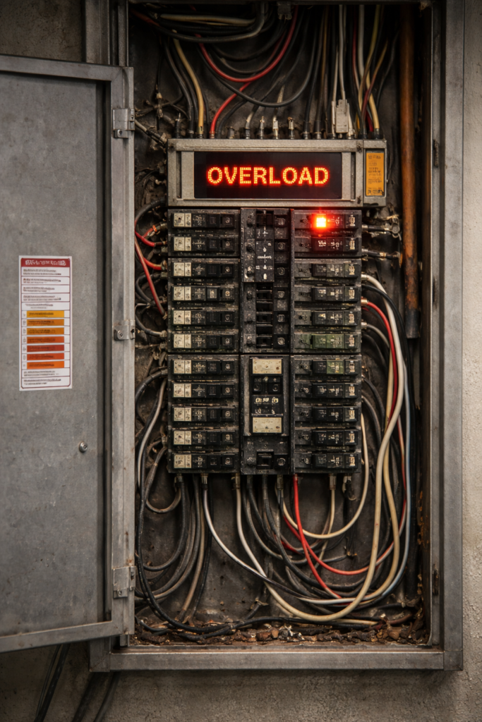 Home electrical panel showing aging system and increased load demand over time.