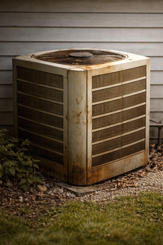 Aging HVAC system outdoor unit showing wear and reduced efficiency over time.