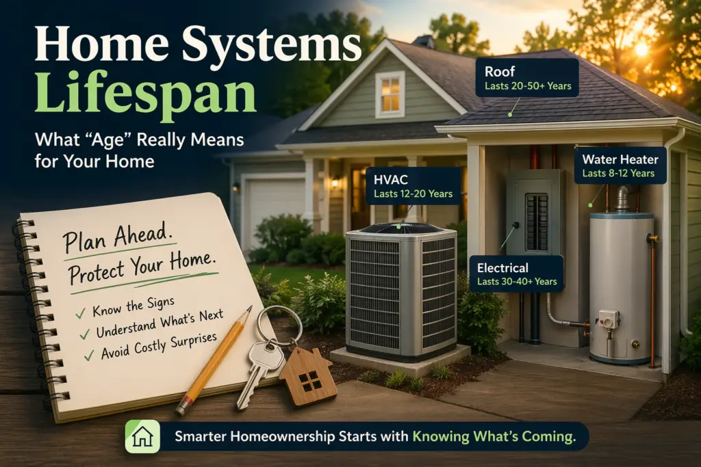 Home systems lifespan showing HVAC unit, roof, water heater, and electrical panel with typical ages and maintenance insights.