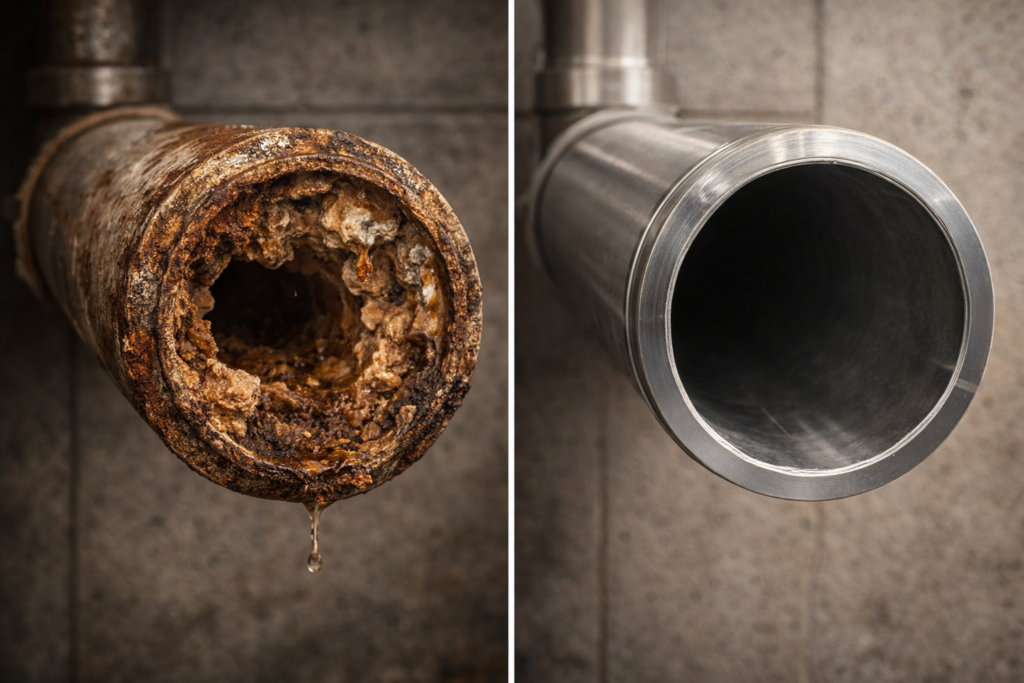 Aging plumbing pipe with corrosion showing internal wear over time compared to a new pipe.