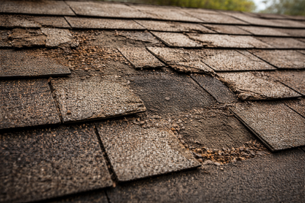Worn asphalt roof shingles showing aging and material deterioration over time.
