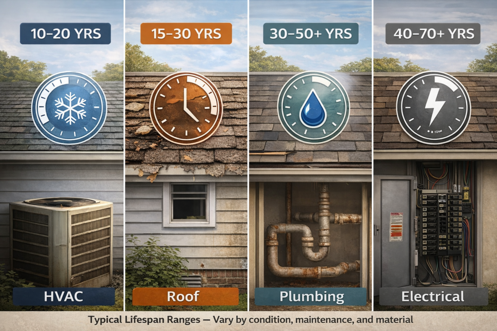 Home systems lifespan image showing typical age ranges for critical HVAC, roof, plumbing, and electrical systems.