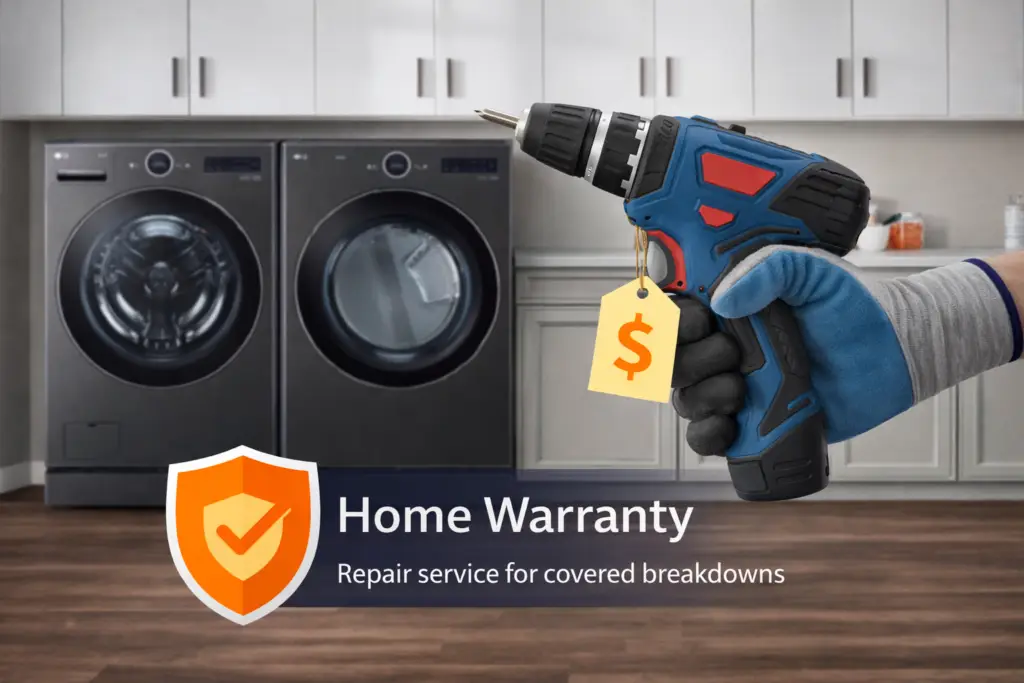 Gloved hand holding a power drill with a price tag in front of a washer and dryer, representing home warranty repair services for covered appliance breakdowns.
