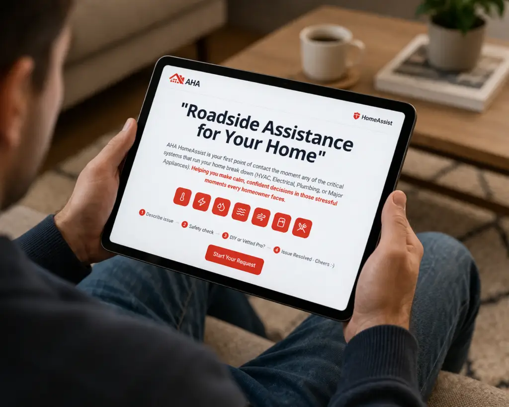 Homeowner using a tablet to access AHA HomeAssist for home repair guidance and emergency support.
