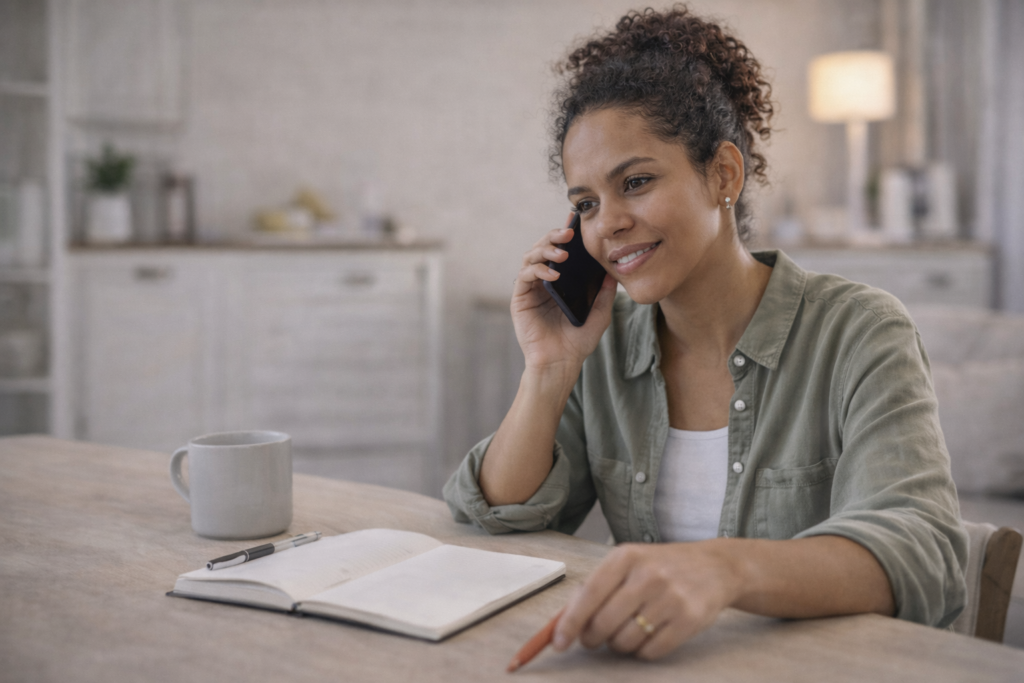 homeowner_phone Homeowner calling contractor references while taking notes to verify reliability before hiring.