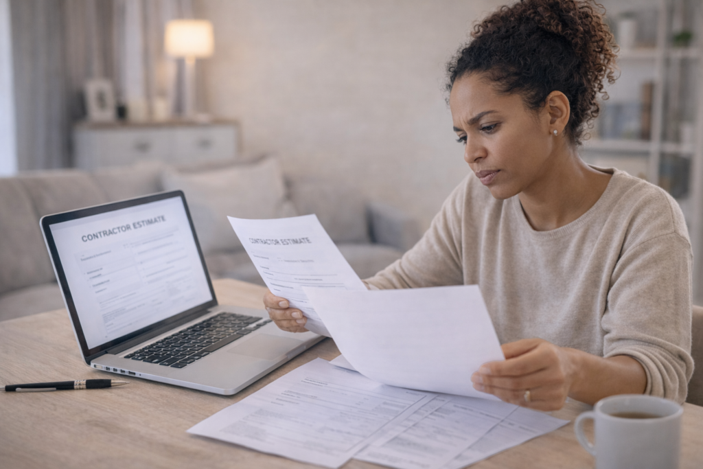 homeowner_reviewing_quotes Homeowner reviewing contractor estimates with laptop and paperwork to compare bids and avoid overpaying.
