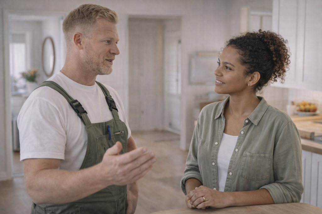 homeowner_talking_to_contractor Homeowner speaking with contractor in home to evaluate professionalism before hiring.
