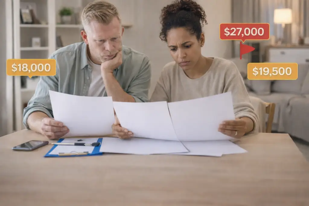 Homeowners comparing contractor quotes at a table to decide if a bid is too high.