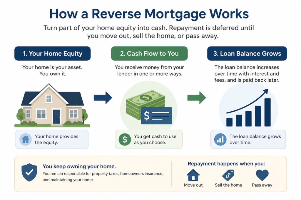 Diagram showing how a reverse mortgage works with home equity, loan balance, and deferred repayment.