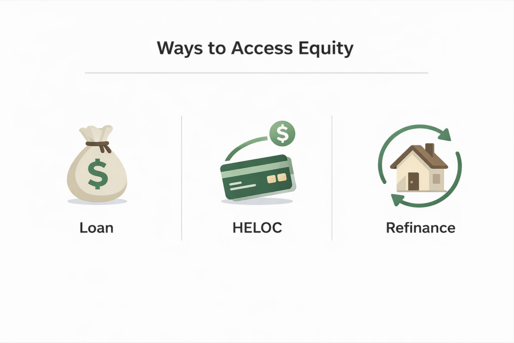 Icons representing ways to access home equity including loan heloc and refinance options.