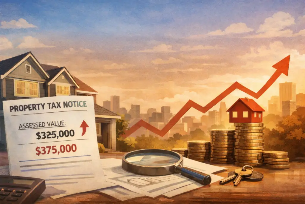 Property tax assessment notice showing increased home value with rising costs illustration.
