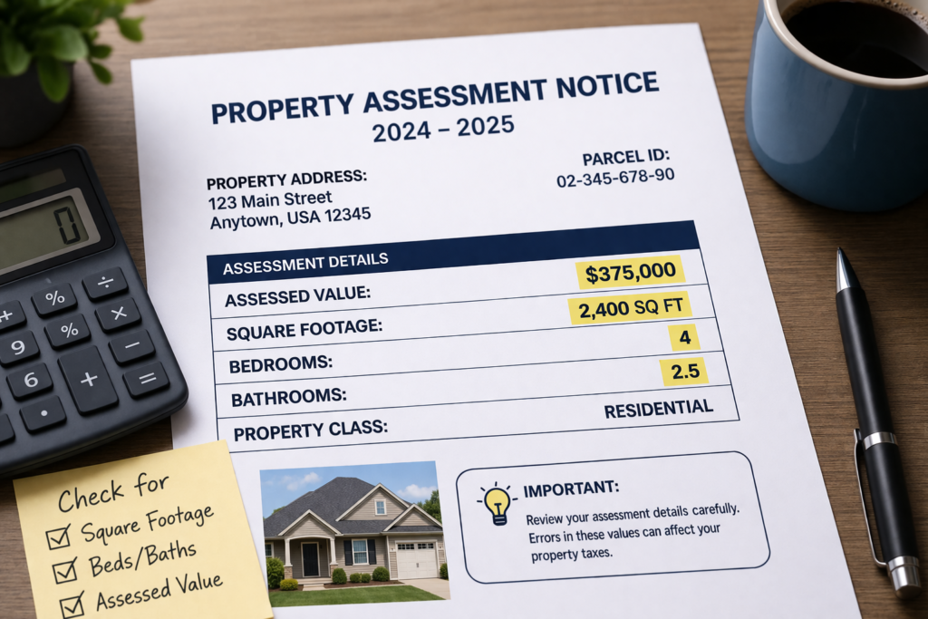 Example property tax assessment showing home details like square footage, value, and property features.