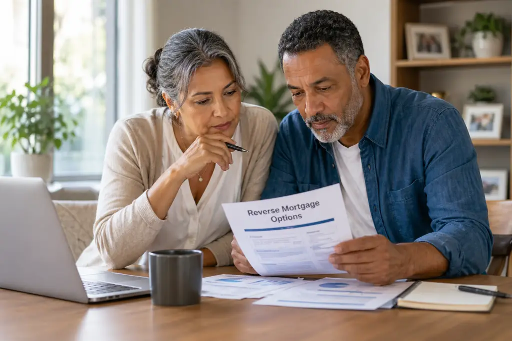 Middle-aged homeowners reviewing finances at home, discussing reverse mortgage and home equity options.