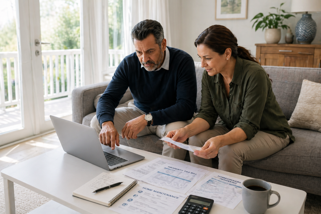 Homeowner reviewing property taxes, insurance, and maintenance costs while considering reverse mortgage.