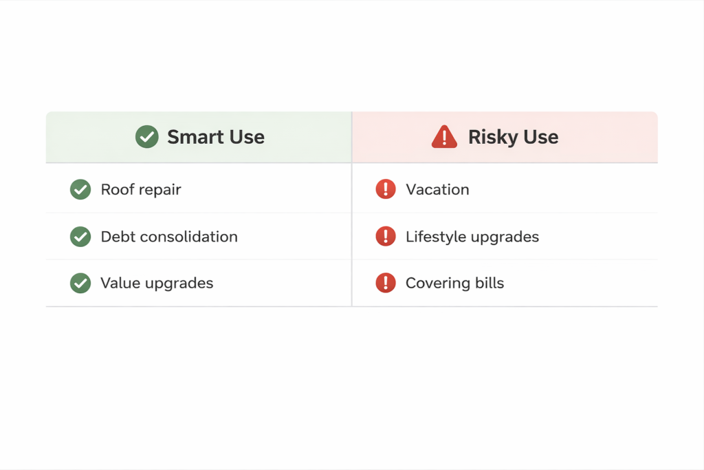 Comparison chart showing smart vs risky ways to use home equity including repairs, debt consolidation, and avoiding lifestyle spending.