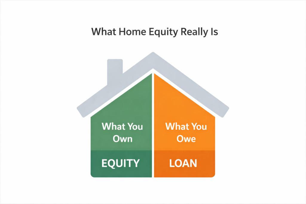 Home equity diagram showing house split into what you own (equity) and what you owe (loan).