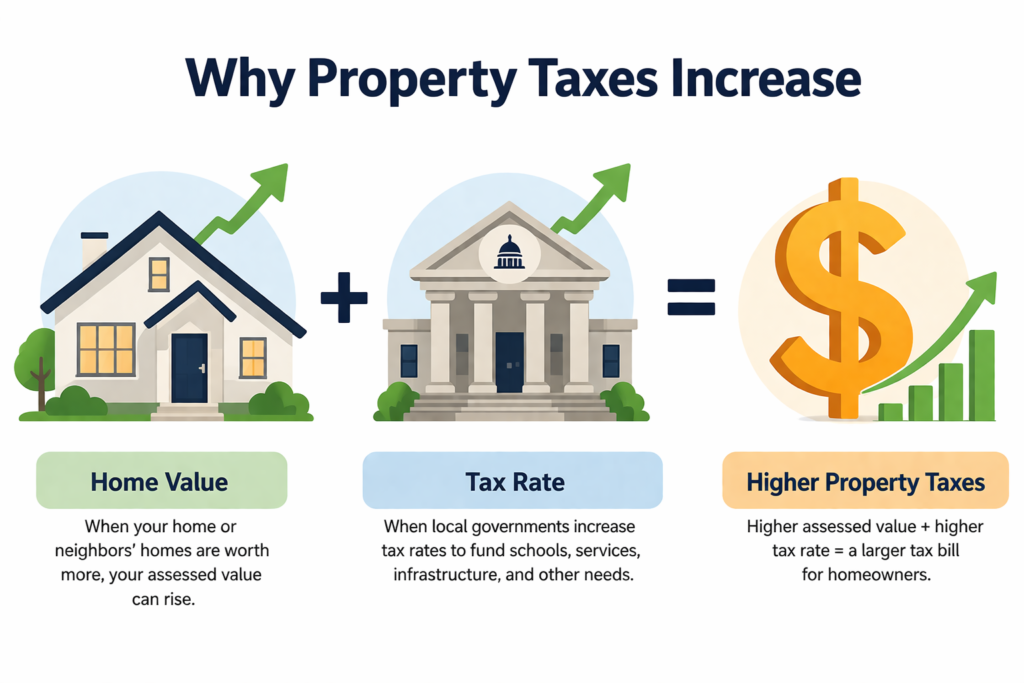 Diagram showing how property taxes increase based on higher home value and rising local tax rates.