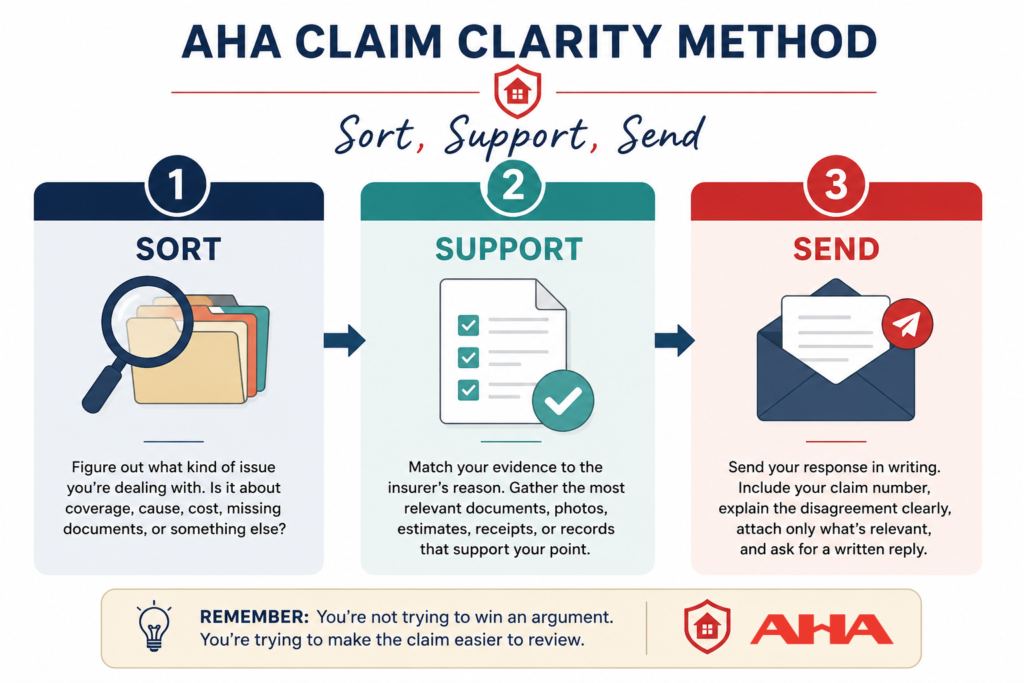 AHA Claim Clarity Method graphic showing Sort, Support, Send as three steps for responding to a denied claim.