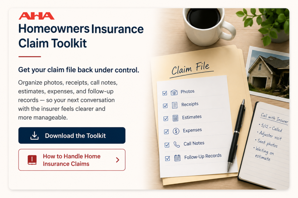 AHA Homeowners Insurance Claim Toolkit card showing a claim file folder, checklist, notes, and buttons to download the toolkit or learn how to handle home insurance claims.