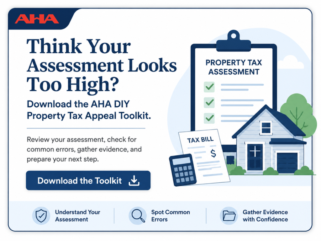 AHA DIY Property Tax Appeal Toolkit card encouraging homeowners to review their assessment and prepare an appeal.