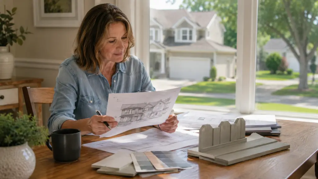 Homeowner reviewing architectural approval documents for an exterior project.