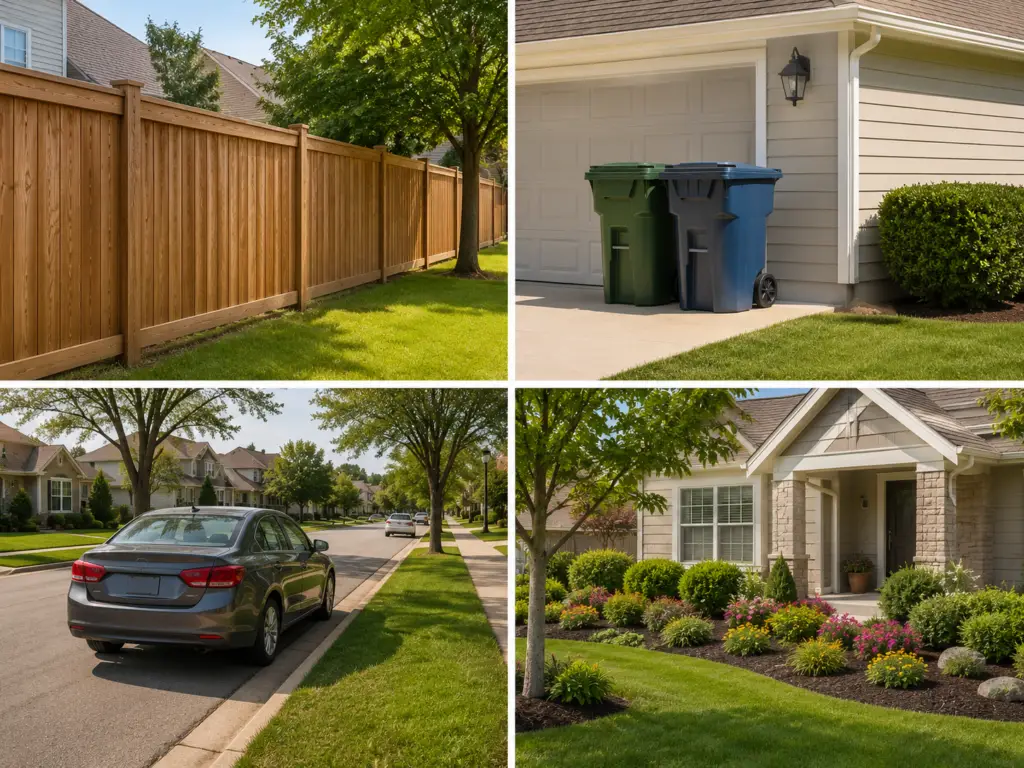 Common HOA dispute examples including a fence, trash bins, parking, and landscaping.