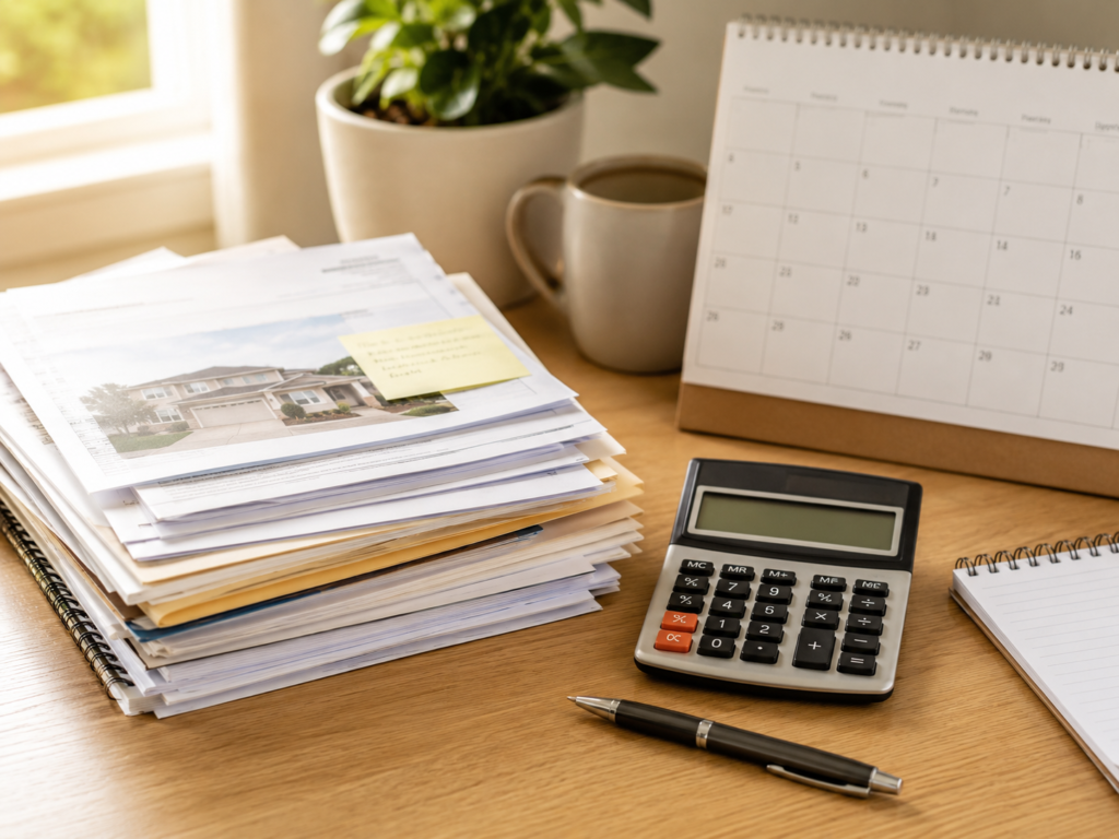 Home documents, calculator, and calendar used to track HOA fines and deadlines.