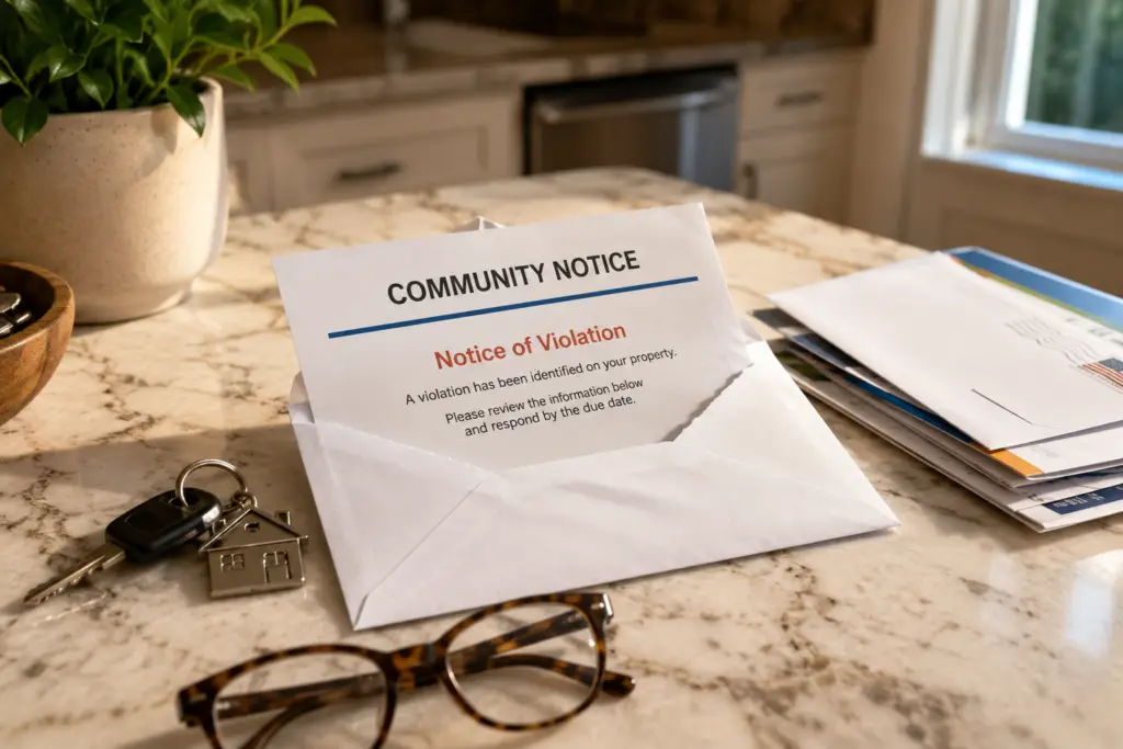 HOA_notice Opened HOA notice on a kitchen counter with keys and mail.