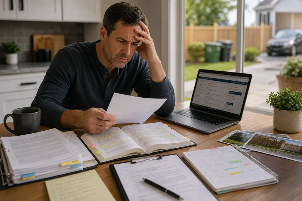A worried man reviews paperwork at a table with a laptop, books, and a calendar spread out around him