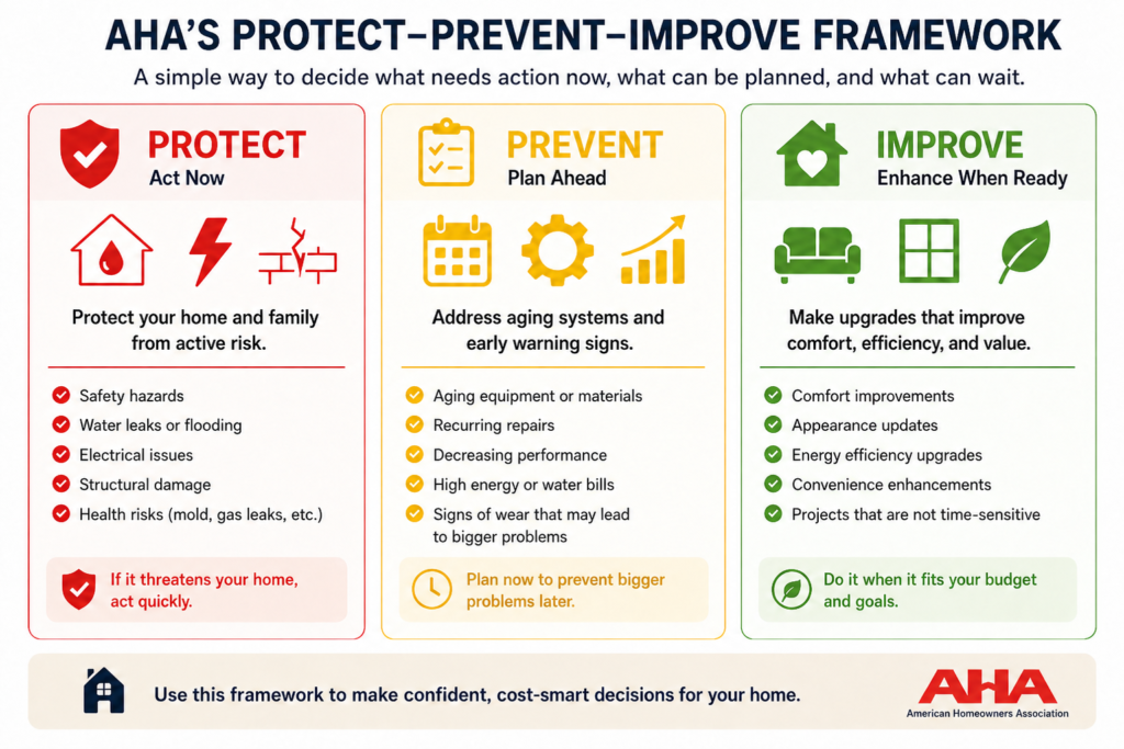 Protect Prevent Improve framework showing how homeowners can prioritize repair vs replace decisions.