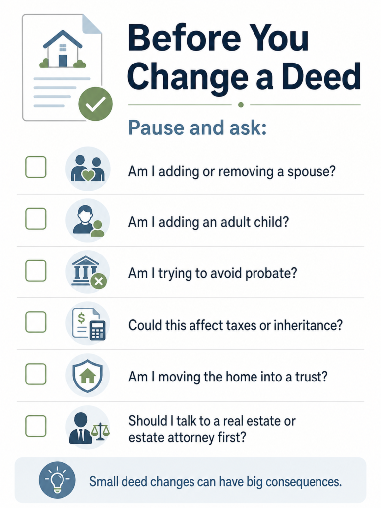 Checklist graphic with questions homeowners should ask before changing a deed.