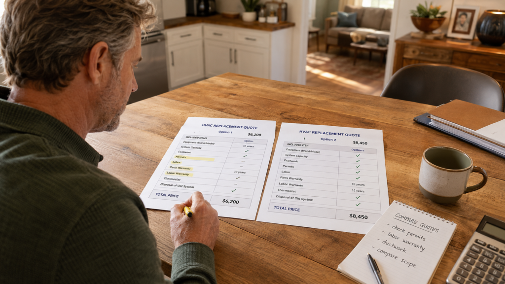 Homeowner comparing two HVAC replacement quotes side by side before choosing a contractor.