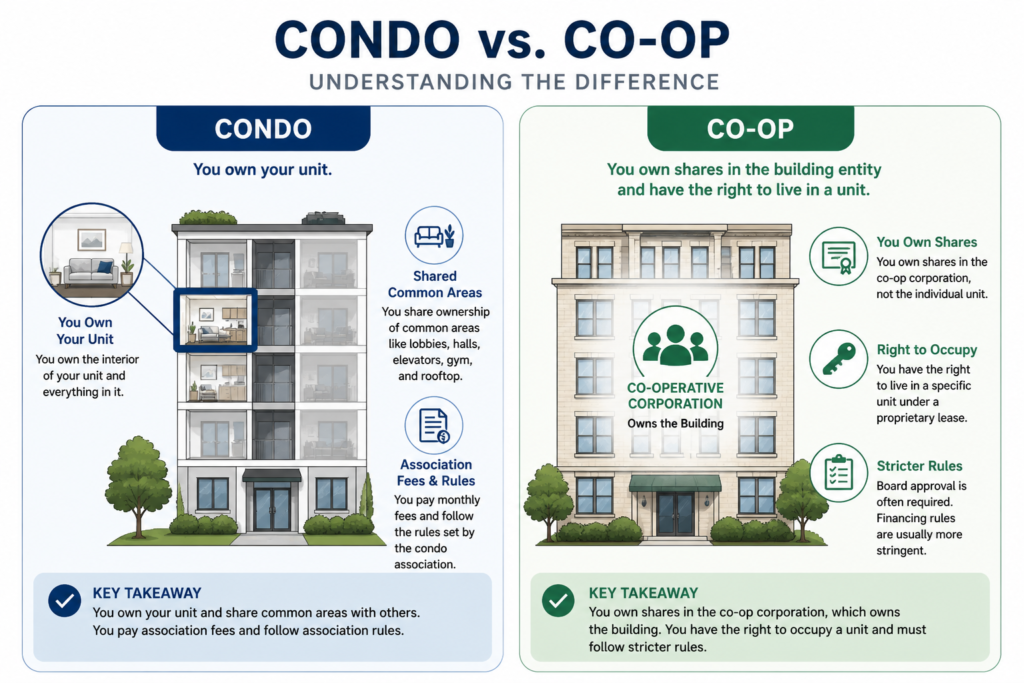 Comparison graphic showing the difference between condo ownership and co-op ownership.