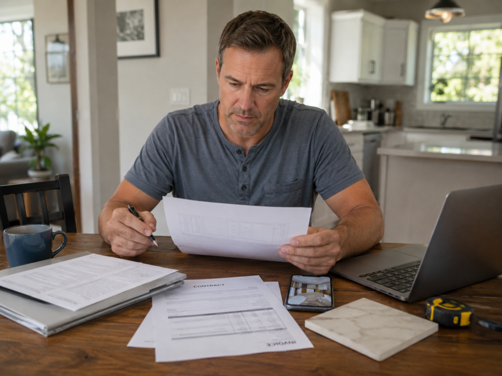 Homeowner reviewing contractor documents, invoices, and project photos before making another payment.
