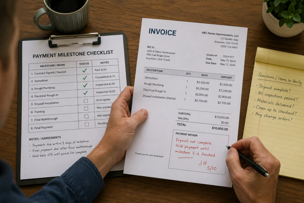 Homeowner reviewing a contractor invoice and payment milestone checklist before paying.