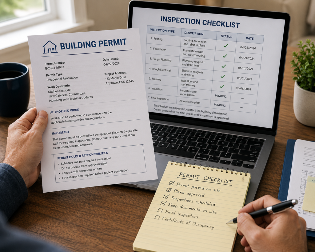 Homeowner checking building permit and inspection information for a renovation project.