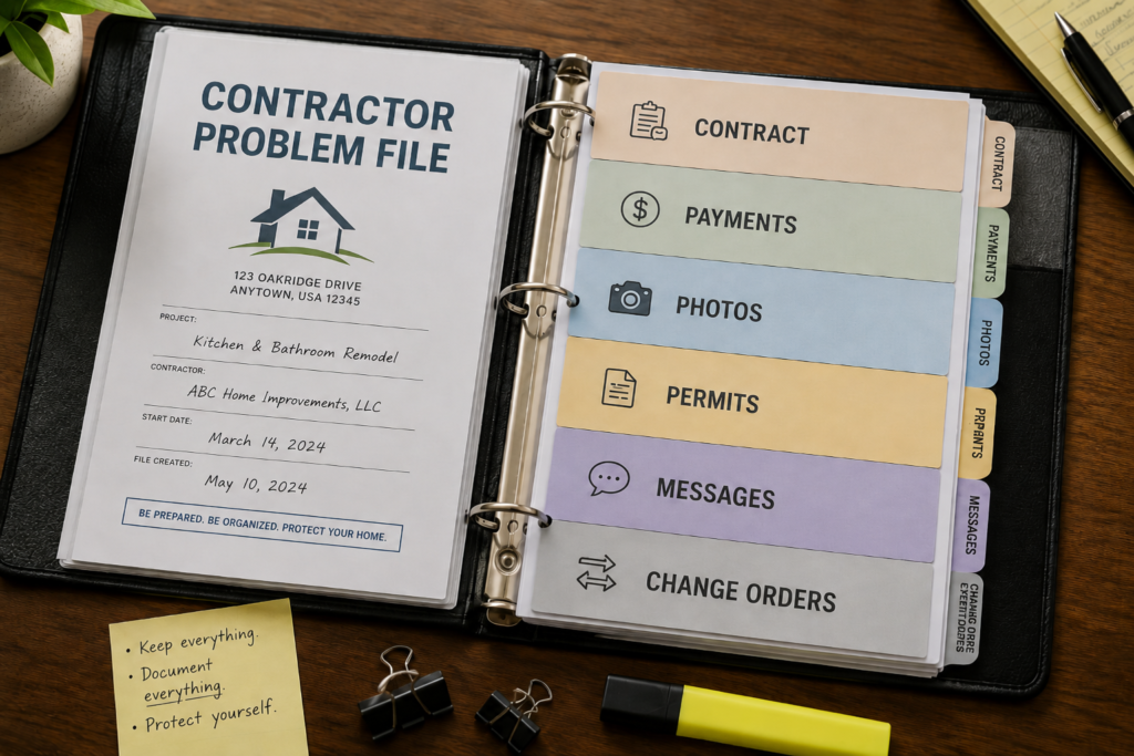 Organized contractor project file with tabs for payments, permits, photos, and change orders.