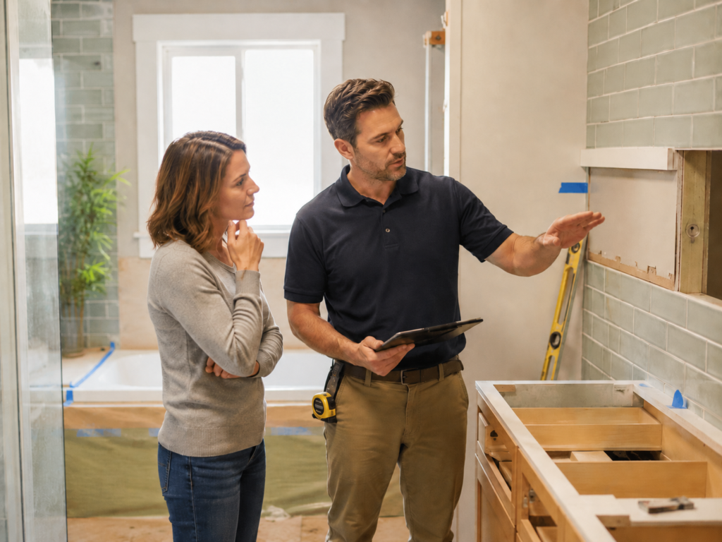 Homeowner and contractor reviewing unfinished renovation work during a second opinion visit.