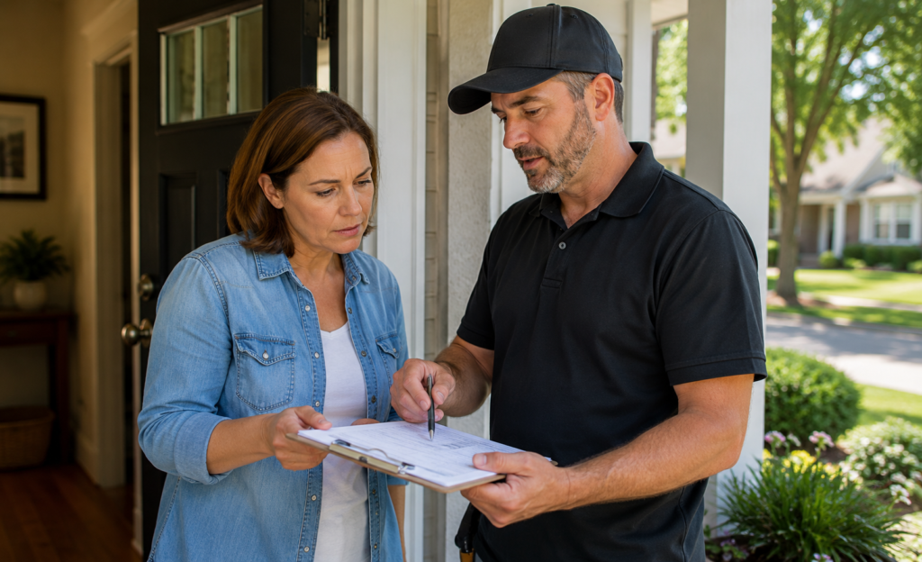 Homeowner reviewing contractor paperwork before signing after storm damage.