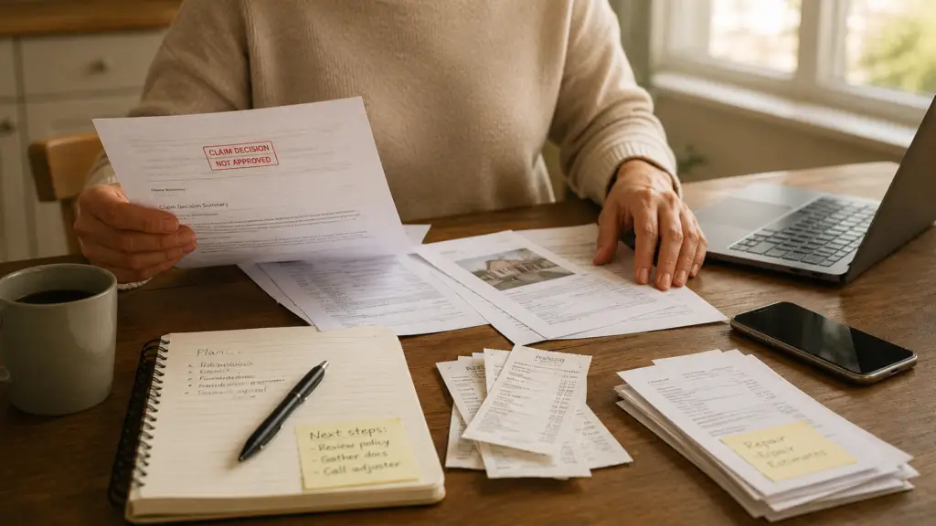 Homeowner reviewing a home insurance claim denial letter with notes, receipts, and repair documents on a table.