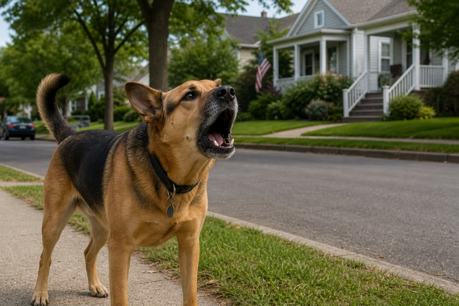 Dog barking on a suburban sidewalk in front of a house