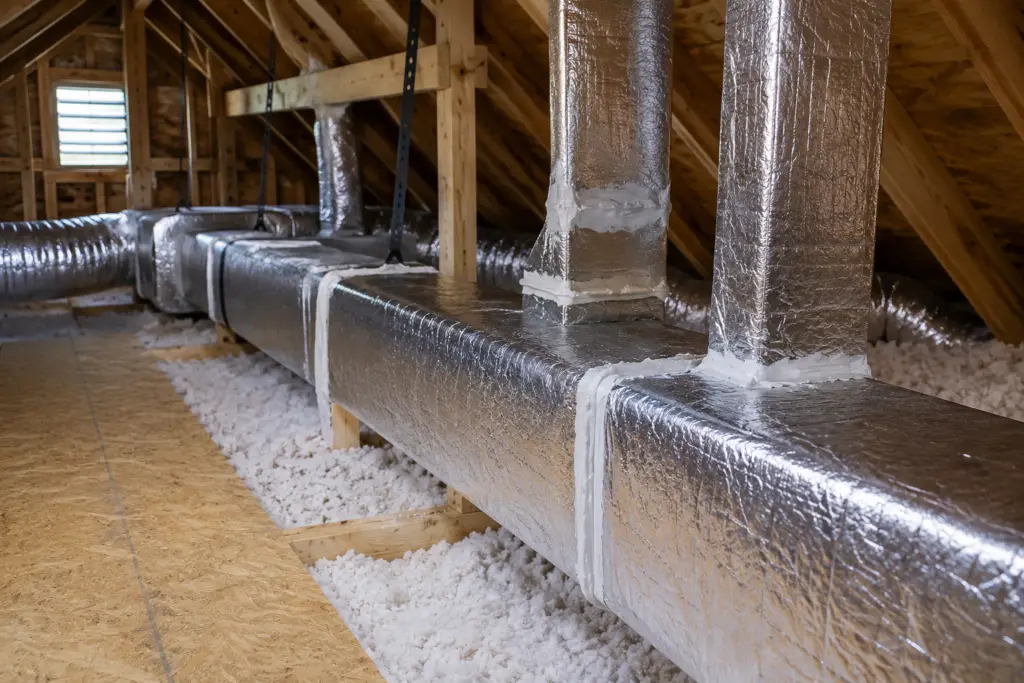 Insulated HVAC ductwork in an attic showing why ducts should be checked before replacing equipment.